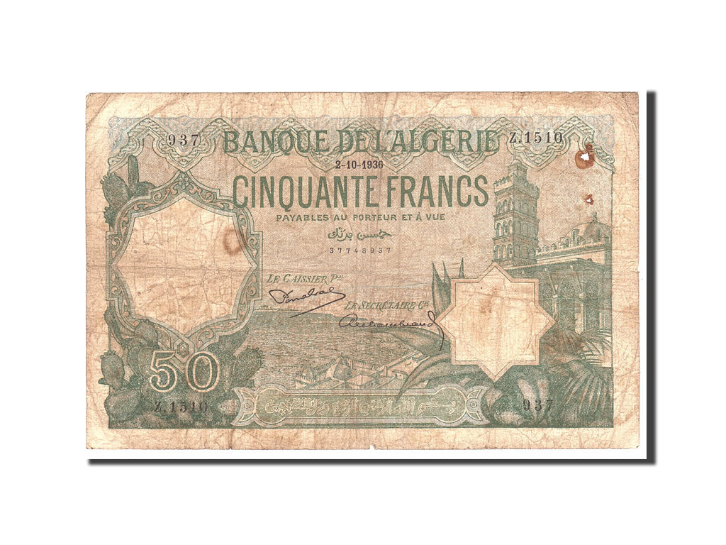 Banknot,
Algieria,
50 franków