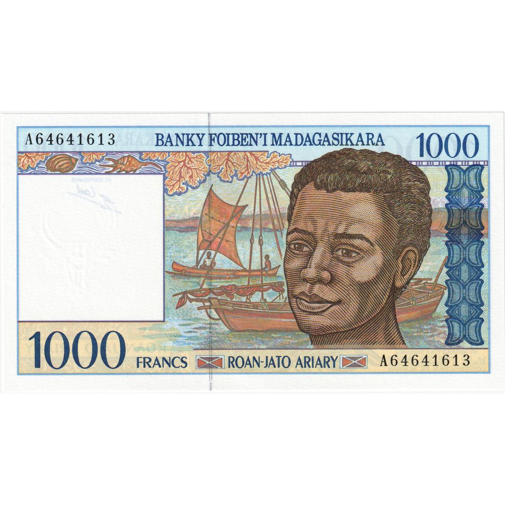Madagaskar,
1000 franków = 200 ariarów,
UNC(65-70)