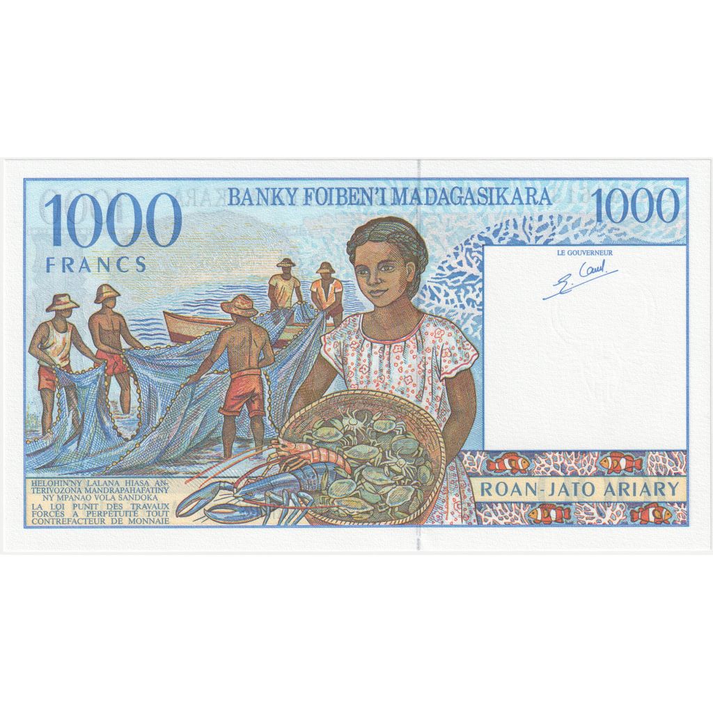Madagaskar,
1000 franków = 200 ariarów,
UNC(65-70)