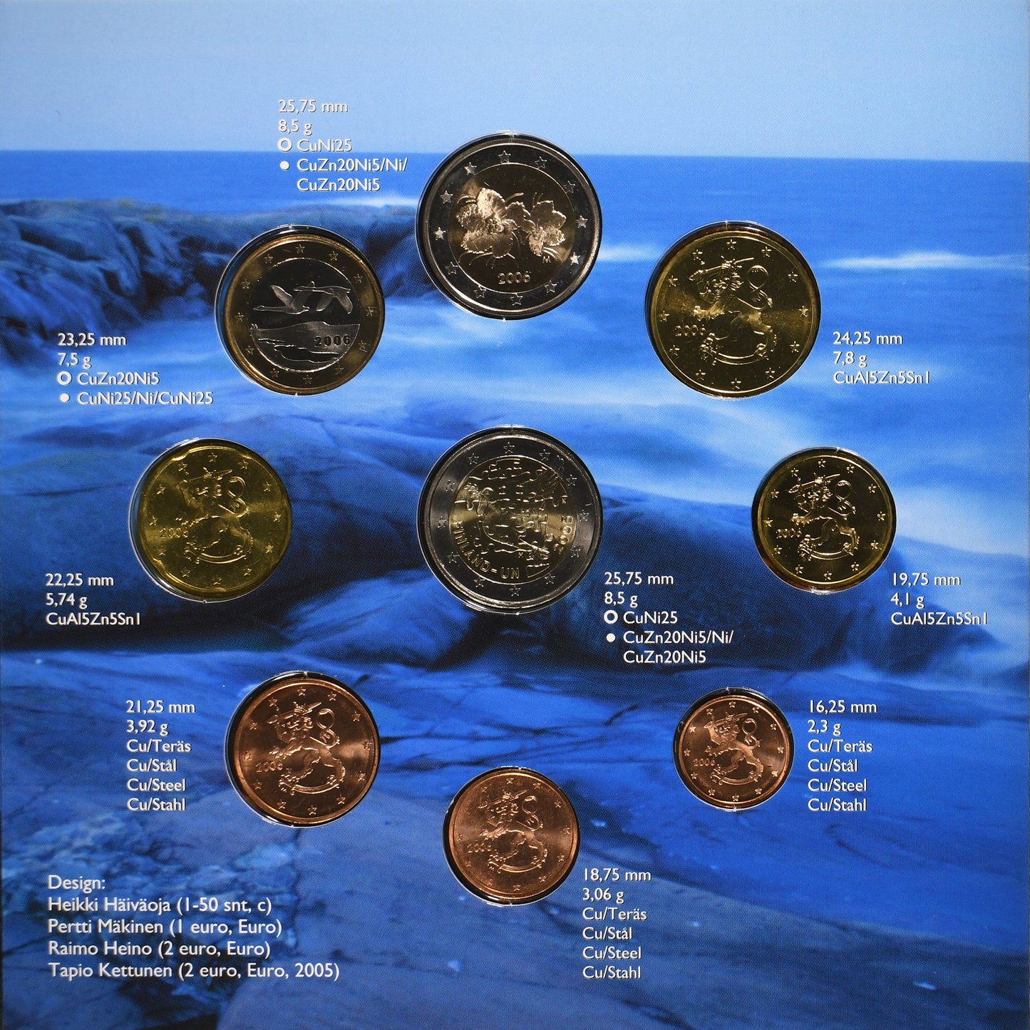 Finlandia,
Setze 1 ct. - 2 Euro + 2 €,
FDC