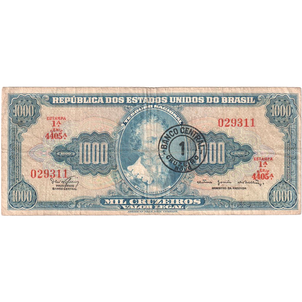 Brazylia,
1 Cruzeiro Novo na 1000 Cruzeiros,
VF(20-25)