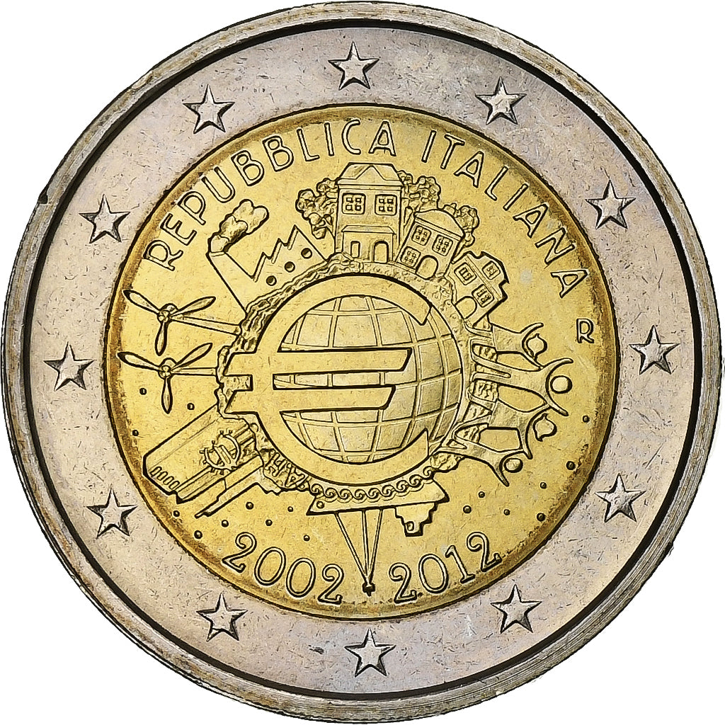 włoski,
2 euro,
10 Jahre Euro-Bargeld