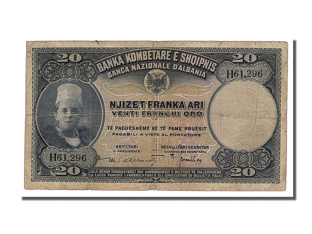 Banknot,
Albania,
20 Franka Ari