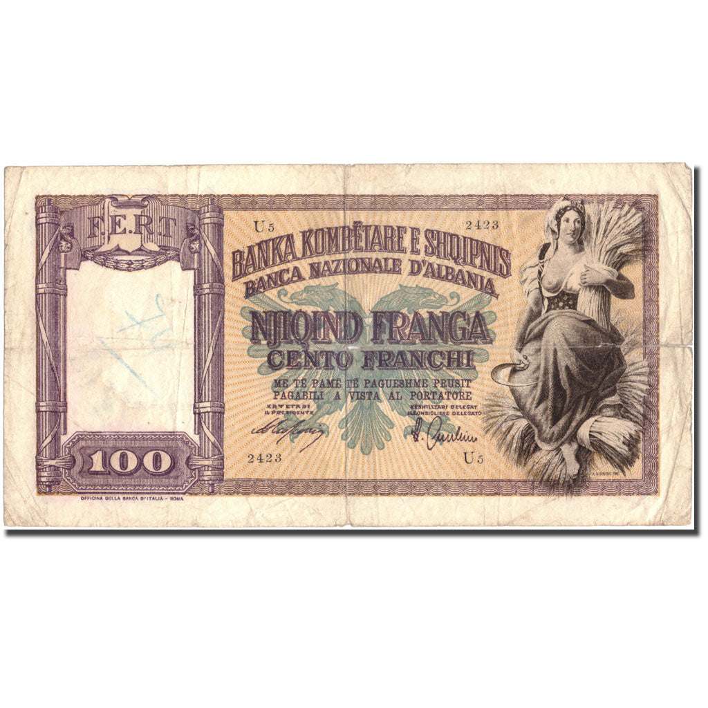 Banknot,
Albania,
100 Frangi