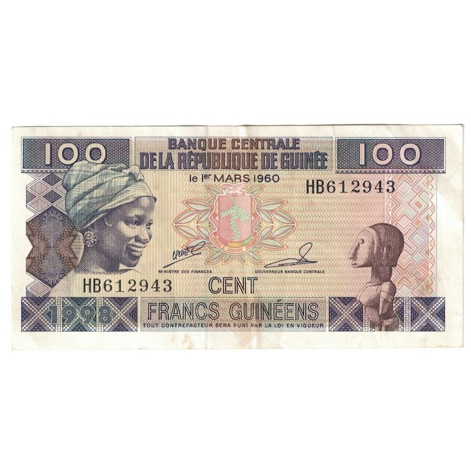 Banknot,
Gwinea,
100 franków
