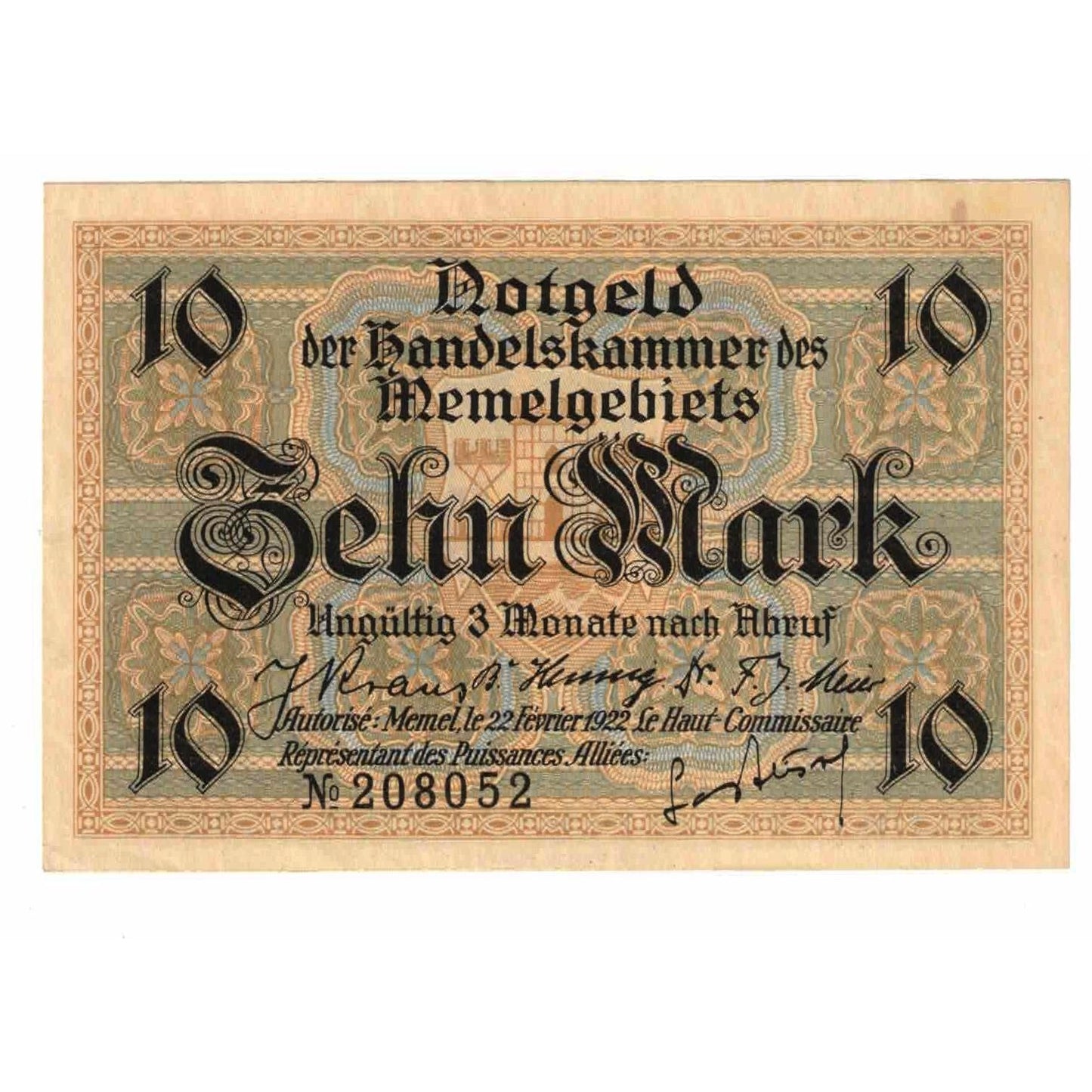 Banknot,
Memel,
10 Marka