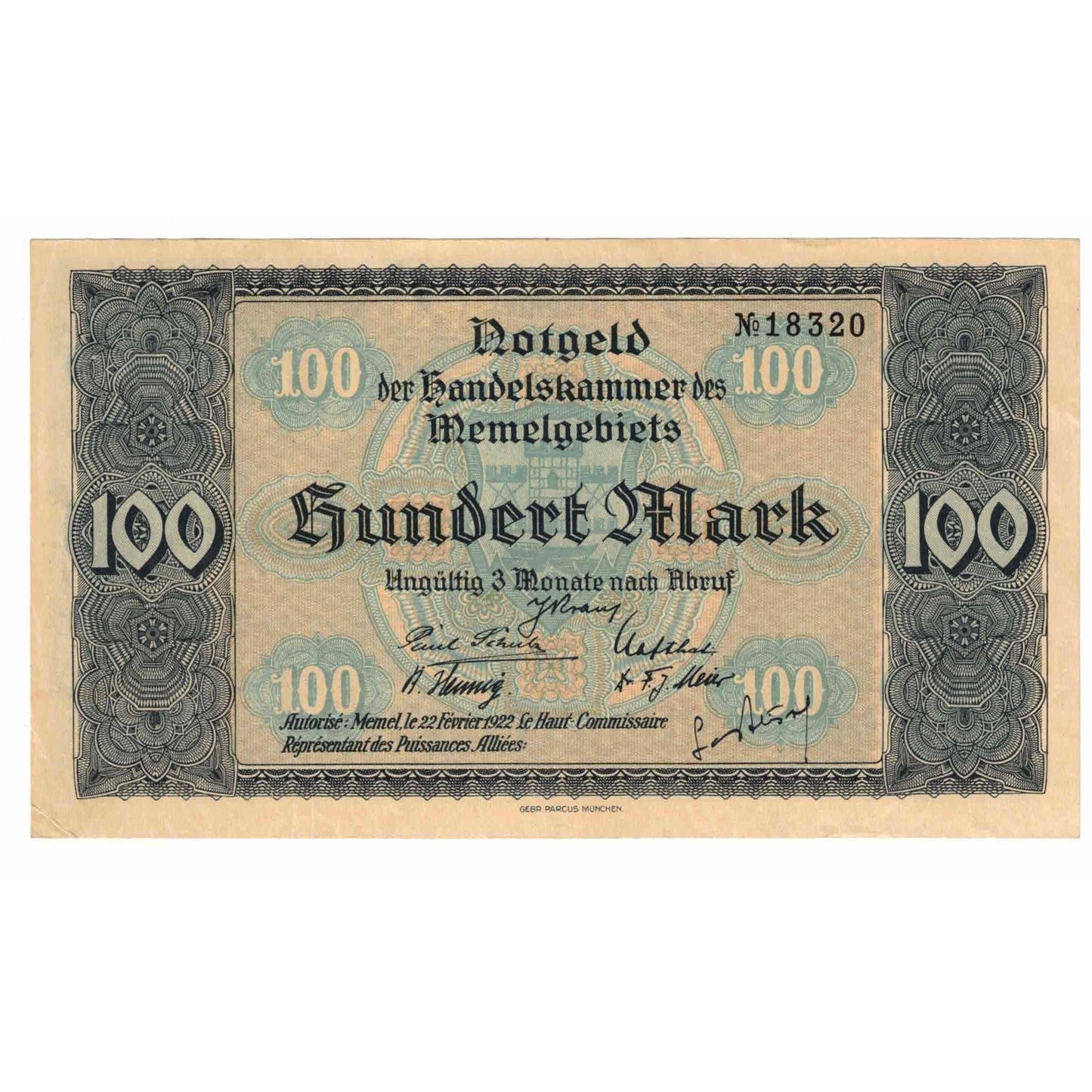 Banknot,
Memel,
100 Marka