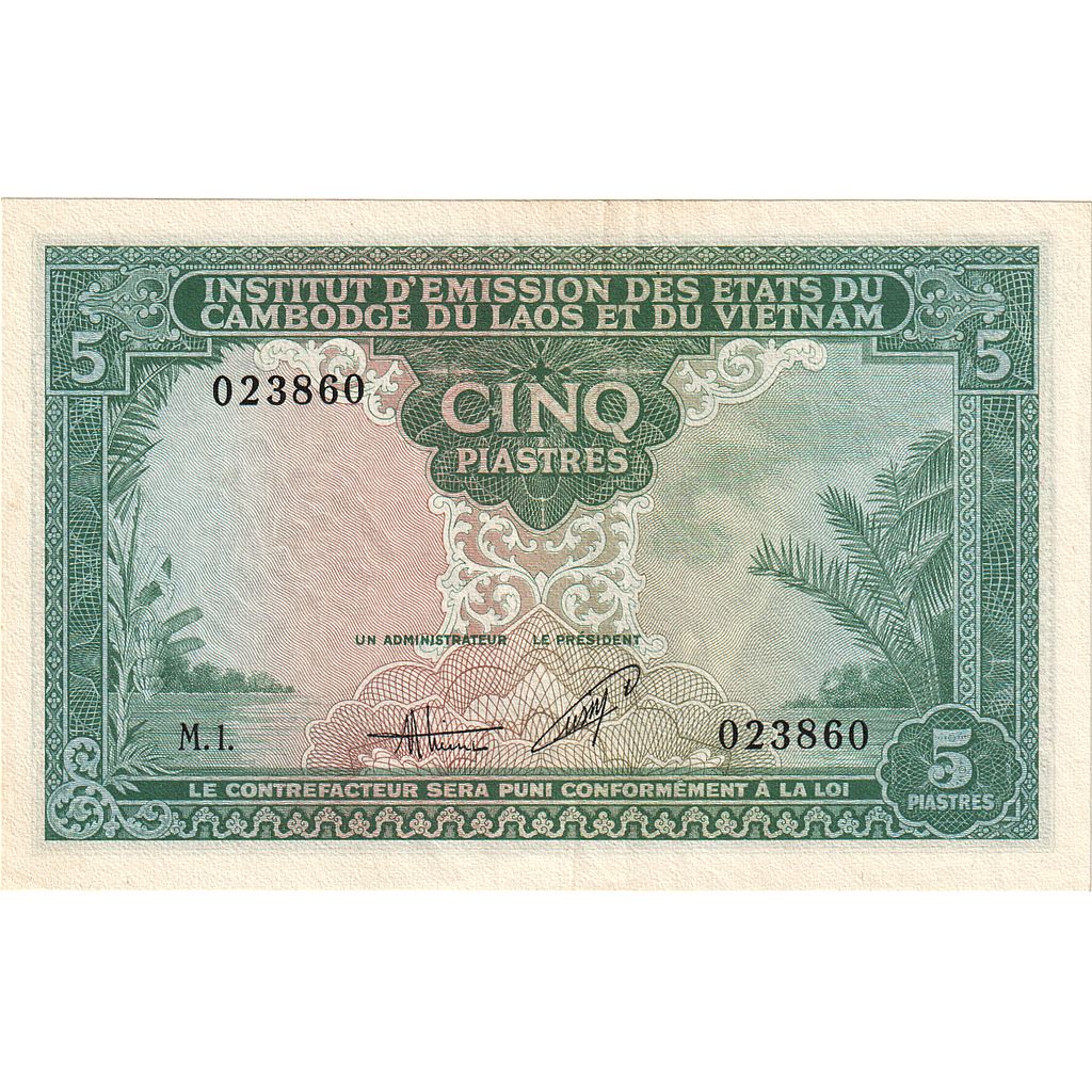 Banknot,
INDOCHINA FRANCUSKA,
5 Piastrów = 5 Dongów