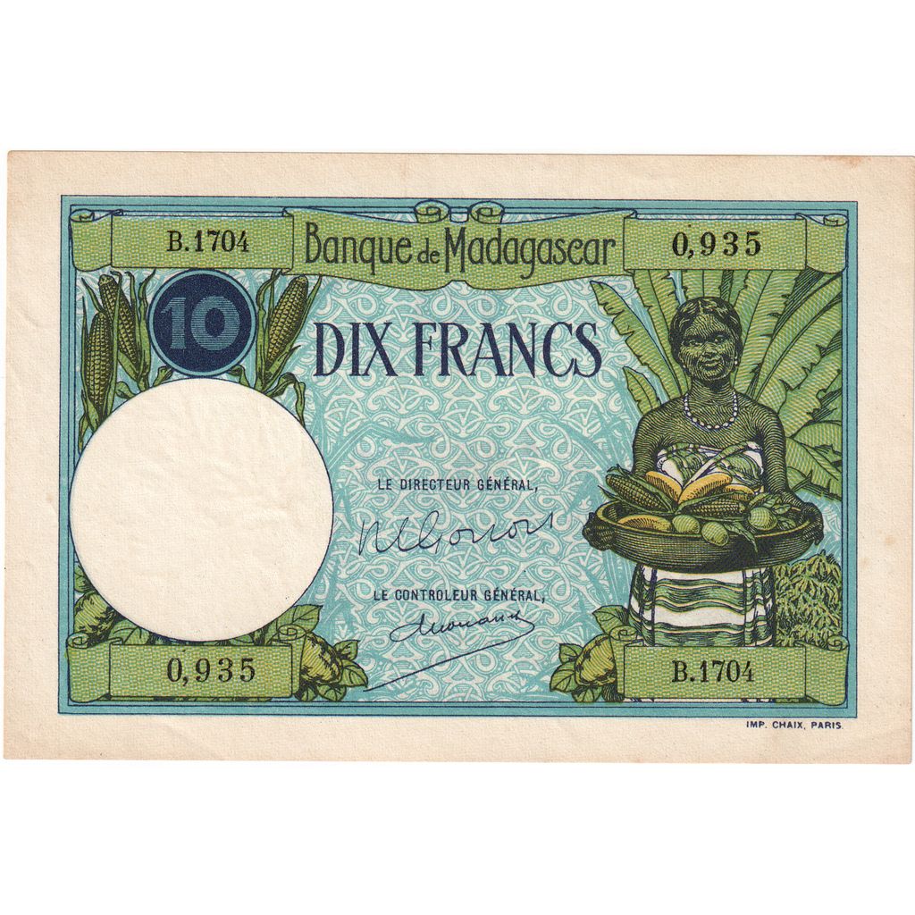 Madagaskar,
10 franków,
Bez daty (1937-47)