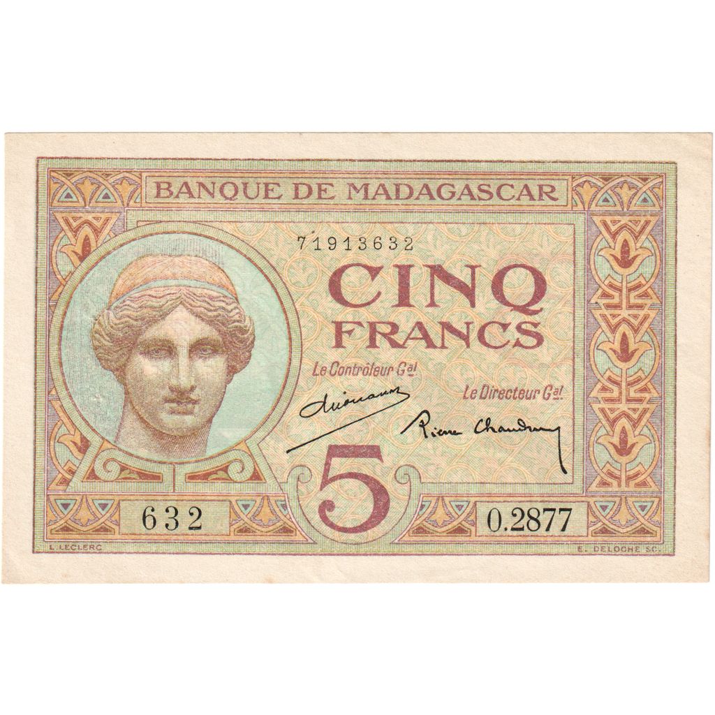 Madagaskar,
5 franków,
Bez daty (1937)