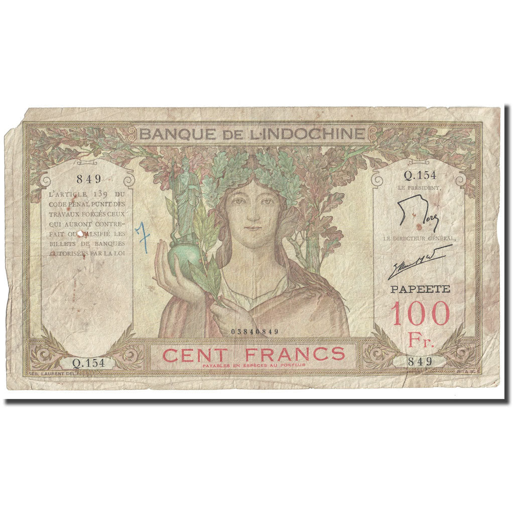 Banknot,
Tahiti,
100 franków