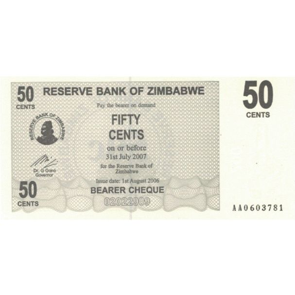 Banknot,
Zimbabwe,
50 centów