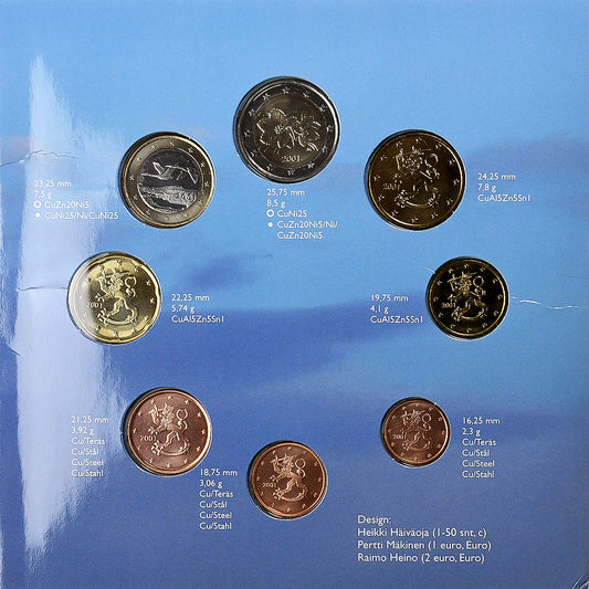 Finlandia, 
  
  Setze 1 ct. - 2 euro, 
  
  2001