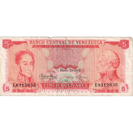 Wenezuela, 
  
  5 boliwarów, 
  
  29.01.1974