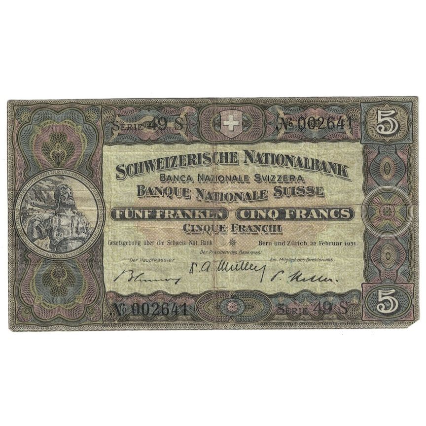 Banknot, 
  
  Szwajcaria, 
  
  5 Frankena