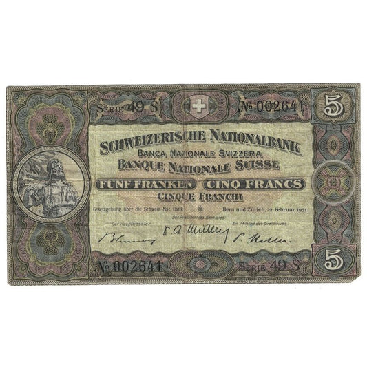 Banknot, 
  
  Szwajcaria, 
  
  5 Frankena